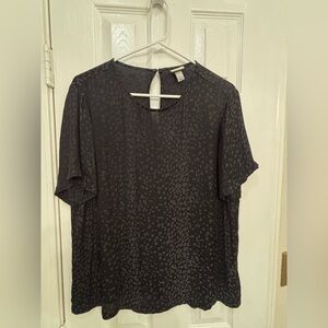 Black Short Flutter-Sleeve Blouse with Subtle Animal Texture